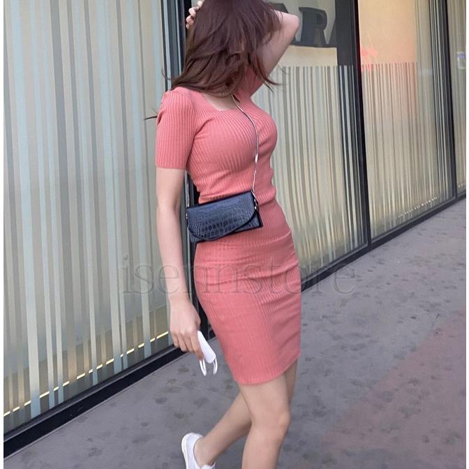 ニットワンピース セクシー リブニット 半袖 タイト スクエア