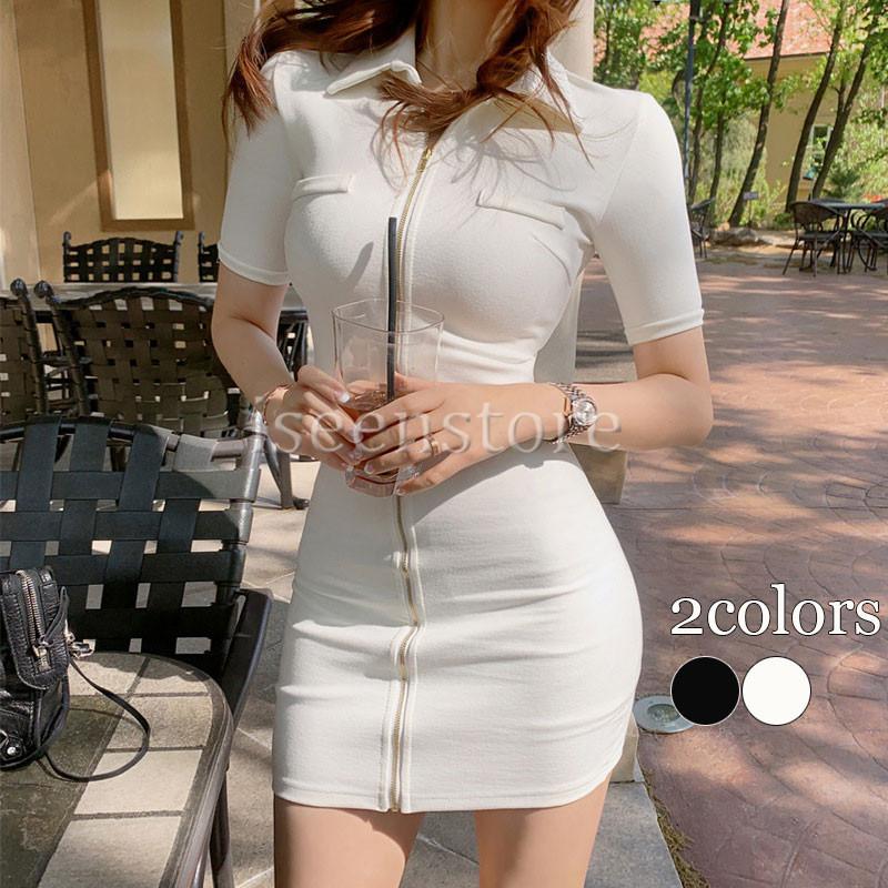 ジップアップ 半袖 タイトワンピース レディース 夏ワンピース カットソー 無地 ミニ丈 シンプル 襟付き 美しいライン ボディコンワンピース スリム 着痩せ 2133 1615 イセンストア 通販 Yahoo ショッピング