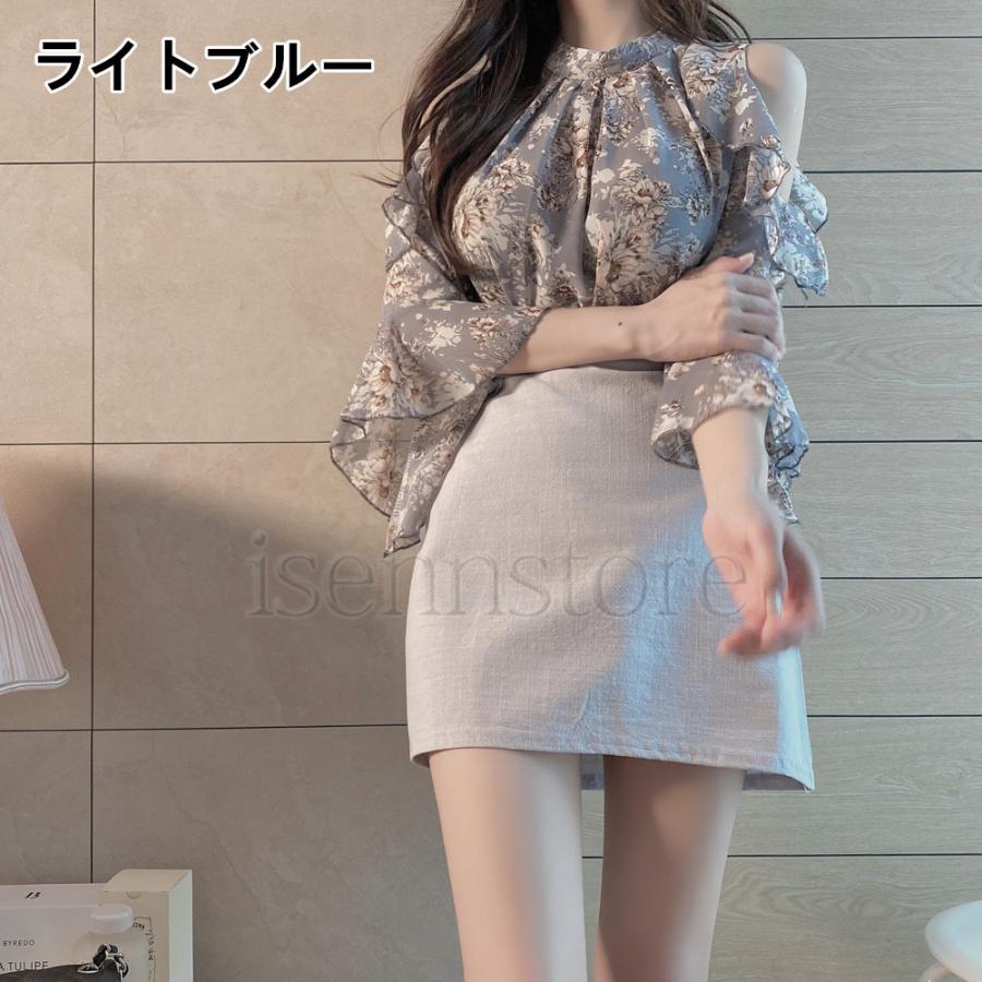 シフォン ブラウス 肩出し 花柄 可愛い トップス レディース 春夏 フリル 7分袖 シャツブラウス お出かけ 通勤 オフィス 食事会 二次会 オシャレ 全2色 2133 192 イセンストア 通販 Yahoo ショッピング