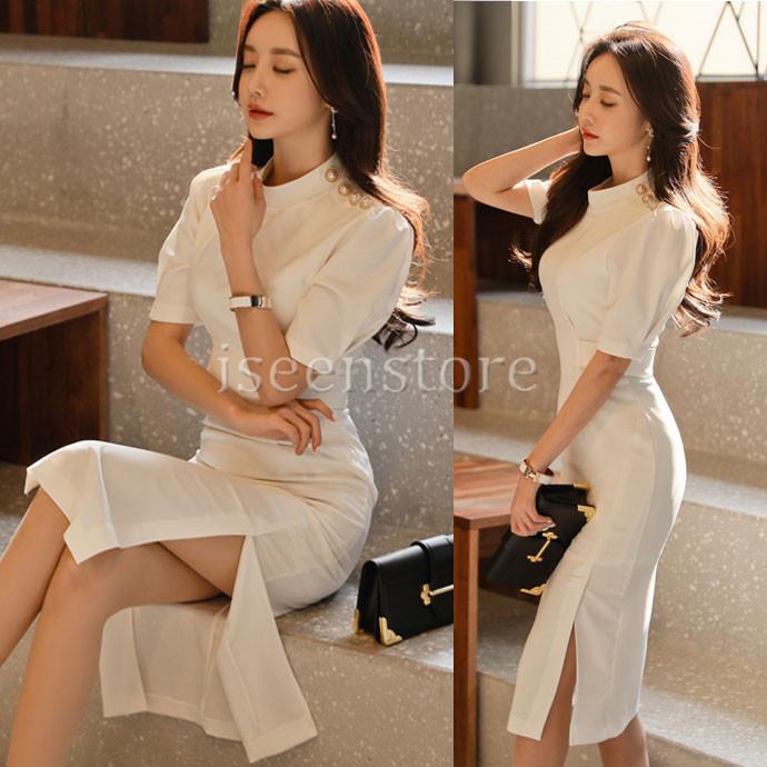 5分袖 プチハイネック 細見えタイトドレスワンピース スリット 膝丈 20  