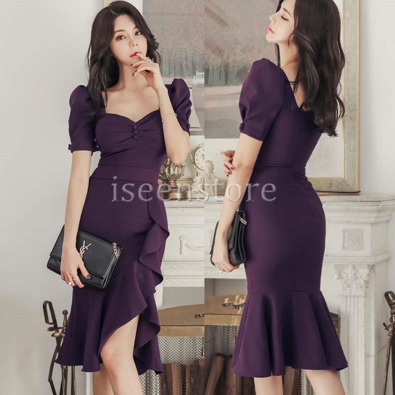 ドレープ フリル マーメイドドレス 半袖 Vネック タイトワンピ ひざ丈  