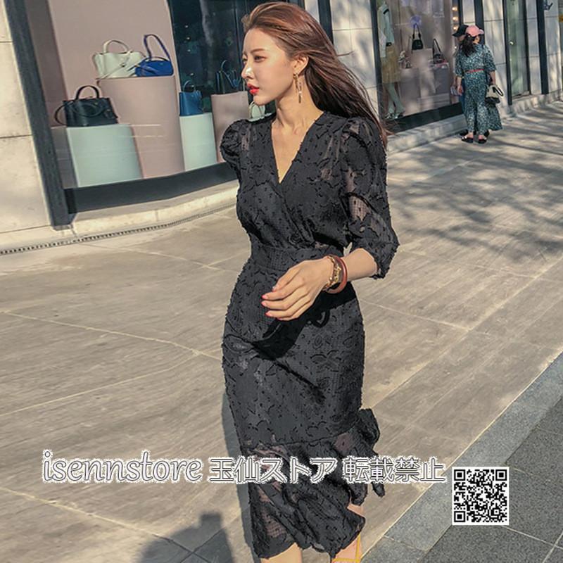 Vネックワンピース マーメイドドレス 黒 タイト ミモレ丈 レディース