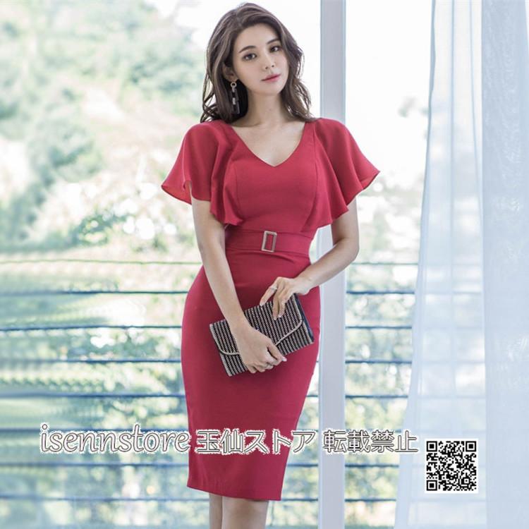 夏ワンピース きれいめ 半袖 フレアスリーブ ｖネック フォーマル タイトワンピース レディース ひざ丈 スリット 上品 結婚式 パーディードレス 披露宴30代 2133 2268 イセンストア 通販 Yahoo ショッピング