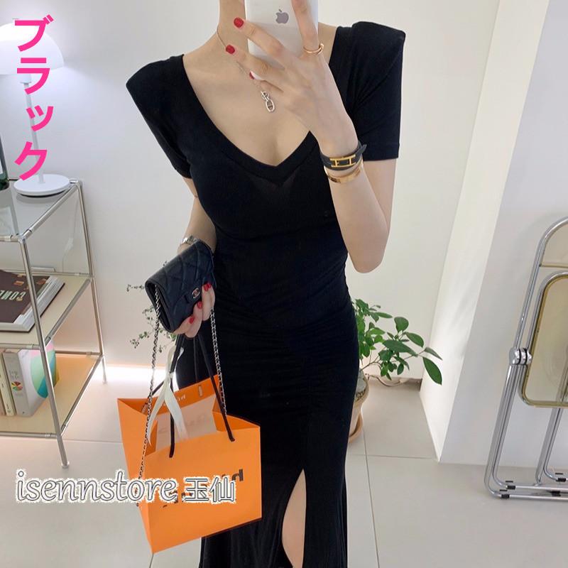 ワンピース Vネック 無地 夏 ロングドレス 半袖 タイト マキシ丈  