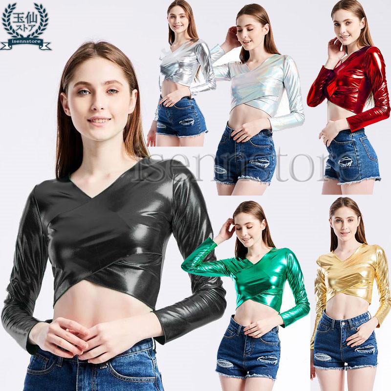 メタリック トップス Vネック クロス タイト インナー 光沢 長袖 舞台