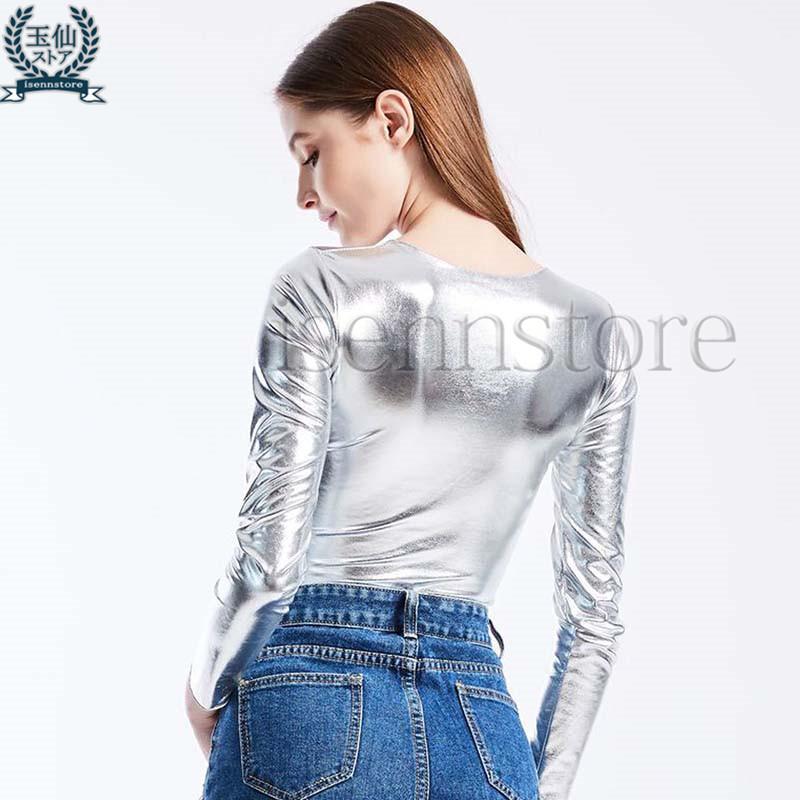 メタリック トップス Vネック クロス タイト インナー 光沢 長袖 舞台