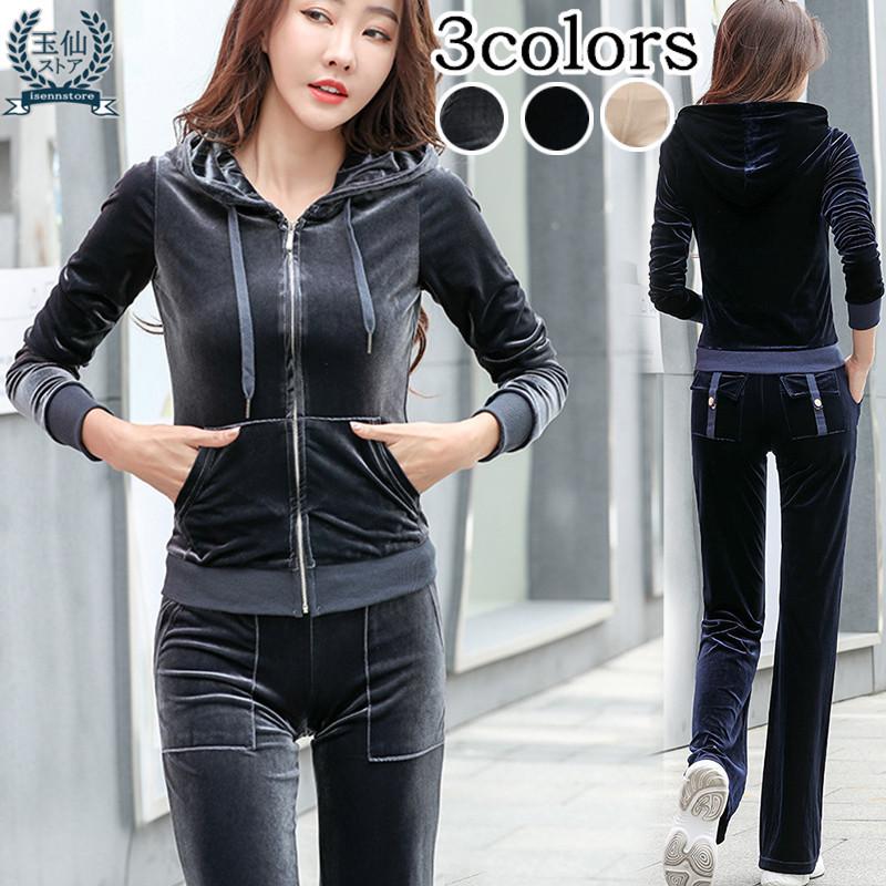 パーカー セットアップ 上下セット ジャージ スウェット 光沢 ベロア 長袖 ルームウエア 部屋着 ダンス スポーツ 無地 レディース 秋服 おしゃれ 着痩せ 3色 2133 3413 イセンストア 通販 Yahoo ショッピング