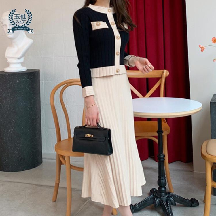 ニットセットアップ レディース 秋冬 上下セット ニットセーター 配色