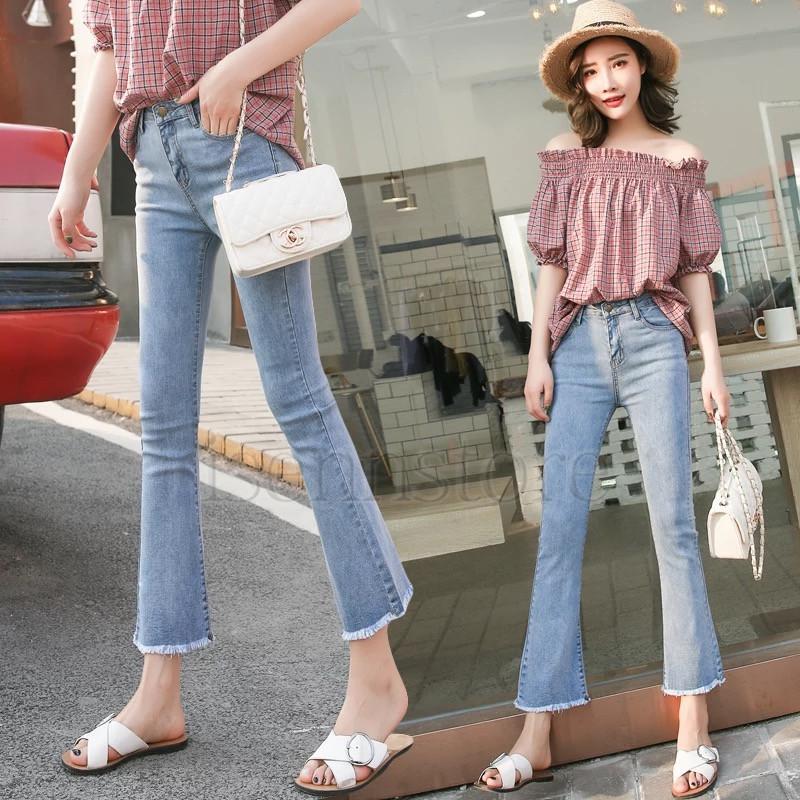 デニム パンツ スキニー ブーツカット フリンジ付き 9分丈パンツ レディース ボトムス ジーンズ ジーパン 女性 美脚 細見え ウォッシュ サマーパンツ 4色 2133 636 イセンストア 通販 Yahoo ショッピング