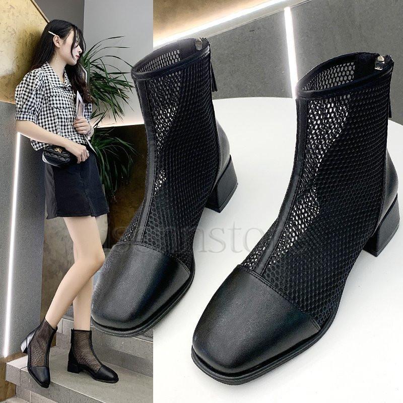 スクエアトゥ 太ヒール 夏新作 ショートブーツ レディース サンダル メッシュ 透かし彫り サマーブーツ ブーツサンダル 4cm 通気 歩きやすい 美脚サンダル 2133 686 イセンストア 通販 Yahoo ショッピング