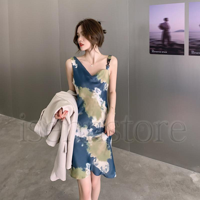 ワンピース レディース ｖネック ノースリーブ 斜め襟 キャミワンピ ひざ丈 サテン 高級感 プリント 着痩せ 上品フェミニン 夏 パーディードレス 二次会 披露宴 2133 8 イセンストア 通販 Yahoo ショッピング