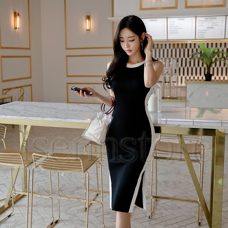 ノースリーブ ニットワンピース ひざ丈 スリット セクシー キャミ