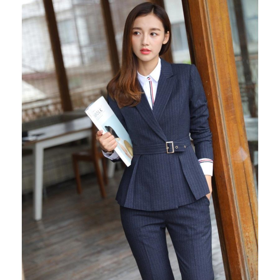 S 3xl 韓国 女性 パンツスーツ 2点セット ストライプスーツ オシャレ コーデ春夏秋冬 事務服 制服 レディース 長袖ジャケット パンツ 黒 紺 就活 面接 Aug 2214 イセンストア 通販 Yahoo ショッピング