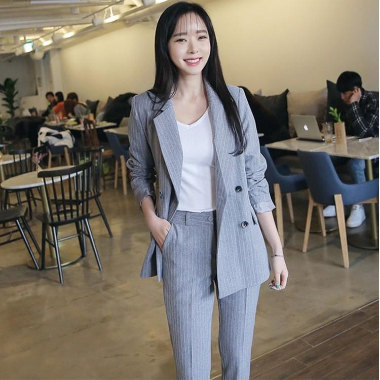 全4色 カジュアルスーツ ダブル ストライプ パンツスーツ女性 事務服 Ol 通勤 韓国ファッション パンツスーツ 就職 活動 面接 転職2点セット Aug 2242 イセンストア 通販 Yahoo ショッピング
