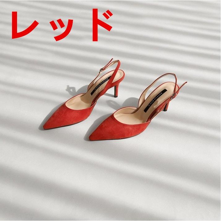 バックストラップ 8cm ヒール パンプス ポインテッドトゥ スエード