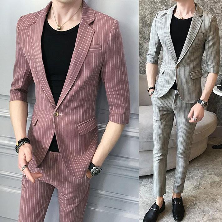 メンズ セットアップ カジュアルスーツ ビジネススーツ スタイリッシュ サマースーツ 9分丈 5分袖 2ピース ストライプ スリム 薄手 結婚式 卒業式 就職活動 Aug 3766 イセンストア 通販 Yahoo ショッピング