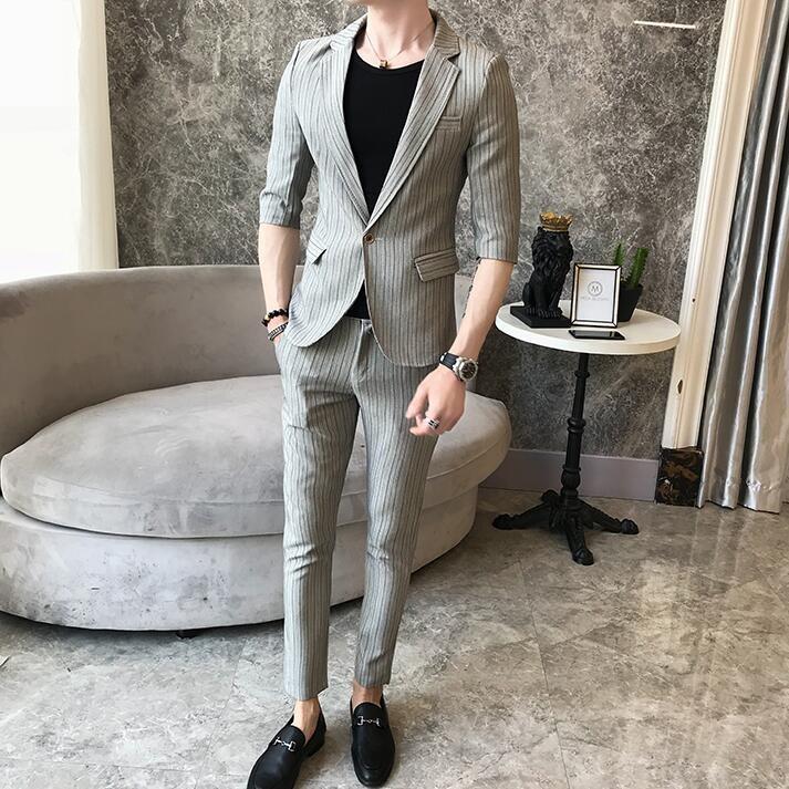 メンズ セットアップ カジュアルスーツ ビジネススーツ スタイリッシュ サマースーツ 9分丈 5分袖 2ピース ストライプ スリム 薄手 結婚式 卒業式 就職活動 Aug 3766 イセンストア 通販 Yahoo ショッピング