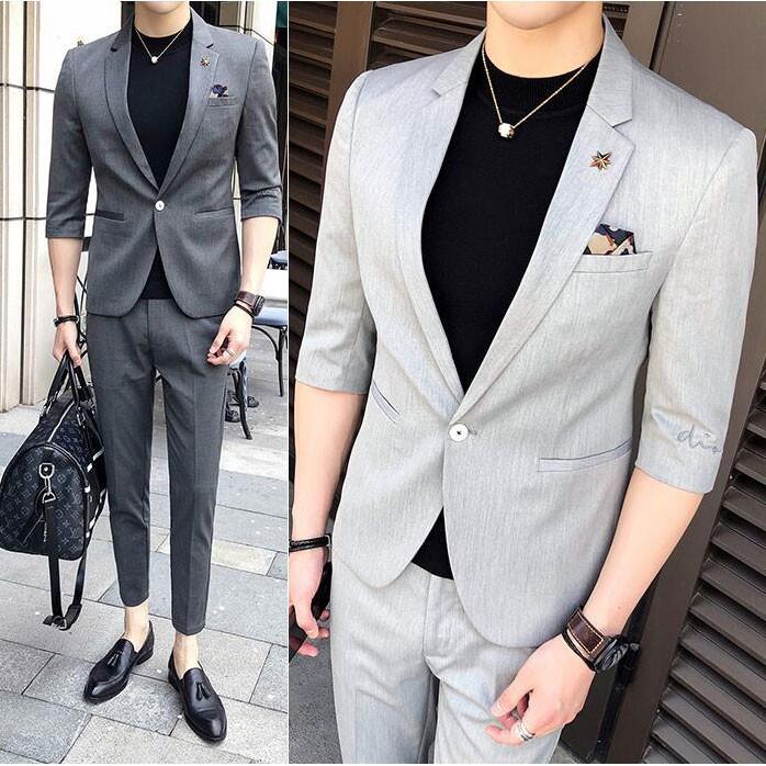 サマースーツ メンズ スタイリッシュ カジュアル スリムスーツ 五分袖 9分丈パンツ 2ピース 無地 上下セット ビジネススーツ 春夏物 薄手 フォーマル Aug 3775 イセンストア 通販 Yahoo ショッピング