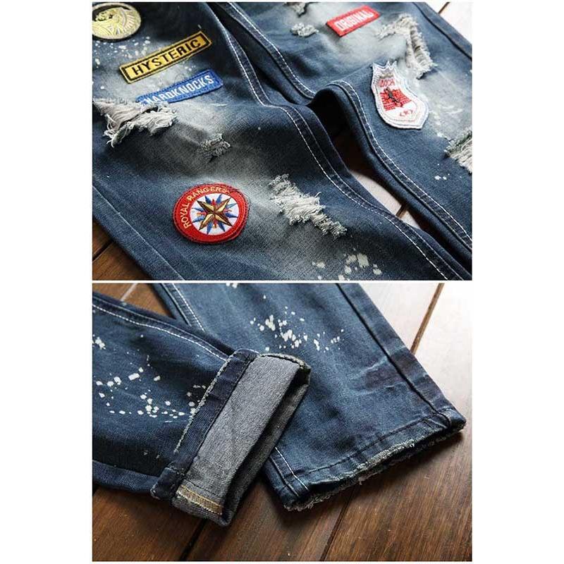 希少　TMT (XL) デニムパンツ　ワッペン　ダメージ　グランジ　ジーンズ デニムパンツ メンズ ロング丈 ダメージ ワッペン クラッシュ加工
