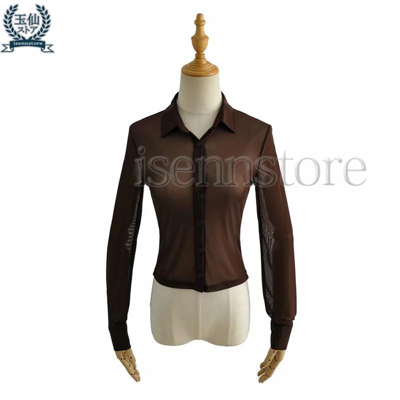 シースルー トップス 長袖 透け感 シアーシャツ 襟付き ブラウス