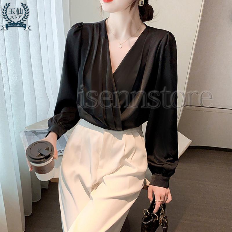 ブラウス 上品 Vネック カシュクール プルオーバー 長袖 サテンシャツ