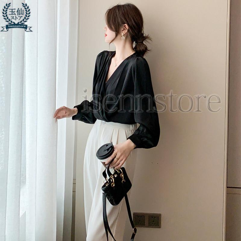 ブラウス 上品 Vネック カシュクール プルオーバー 長袖 サテンシャツ