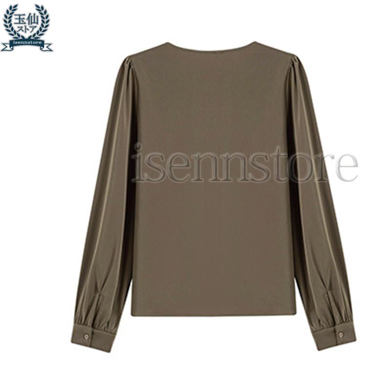 ブラウス 上品 Vネック カシュクール プルオーバー 長袖 サテンシャツ