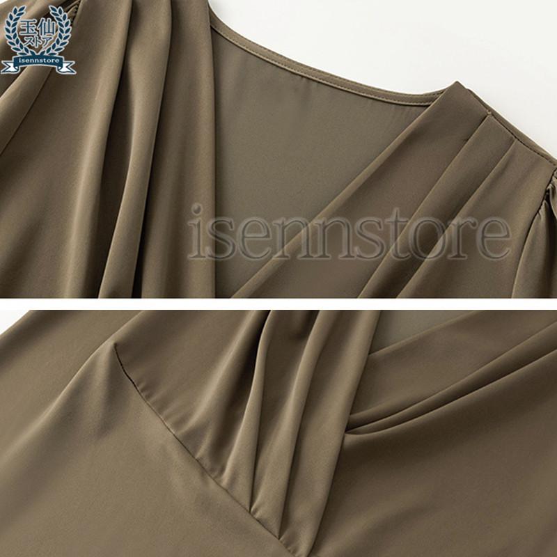 ブラウス 上品 Vネック カシュクール プルオーバー 長袖 サテンシャツ