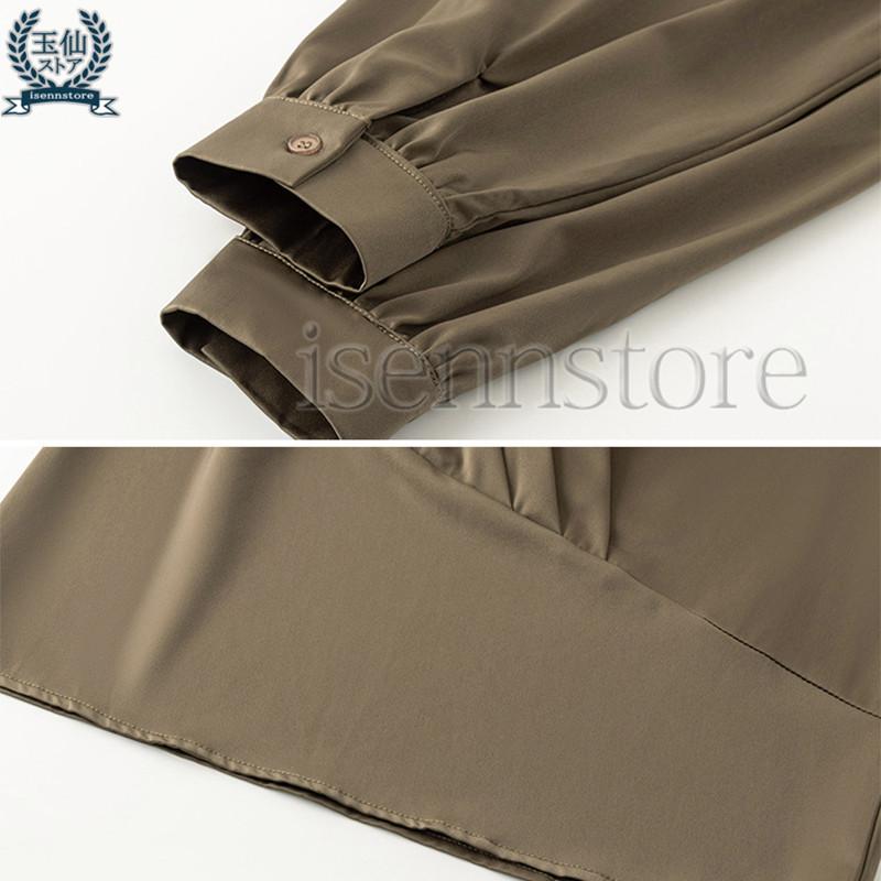 ブラウス 上品 Vネック カシュクール プルオーバー 長袖 サテンシャツ