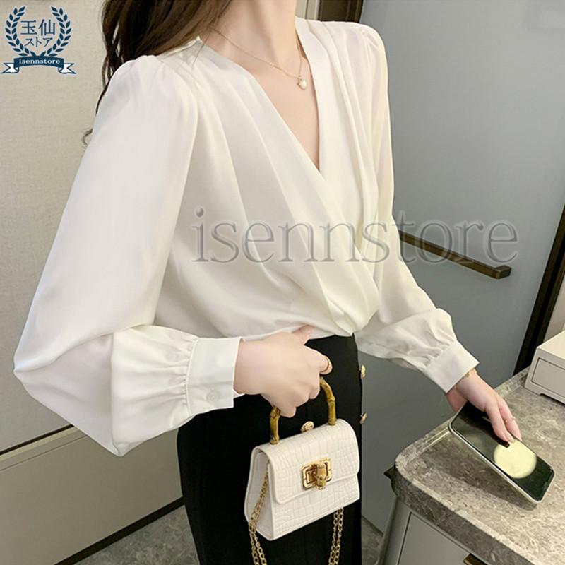 ブラウス 上品 Vネック カシュクール プルオーバー 長袖 サテンシャツ
