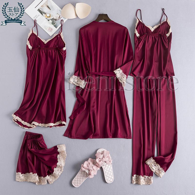 上質な光沢感 シルクパジャマ ルームウェア レディース 5点セット 長袖