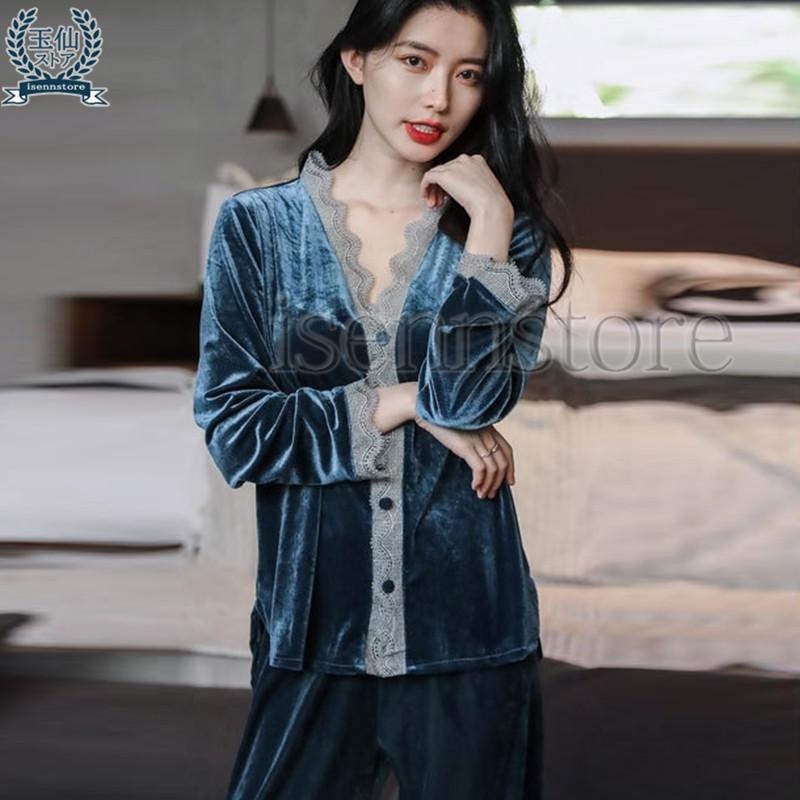 ベロア パジャマ レディース ルームウェア 上下セット レース Vネック