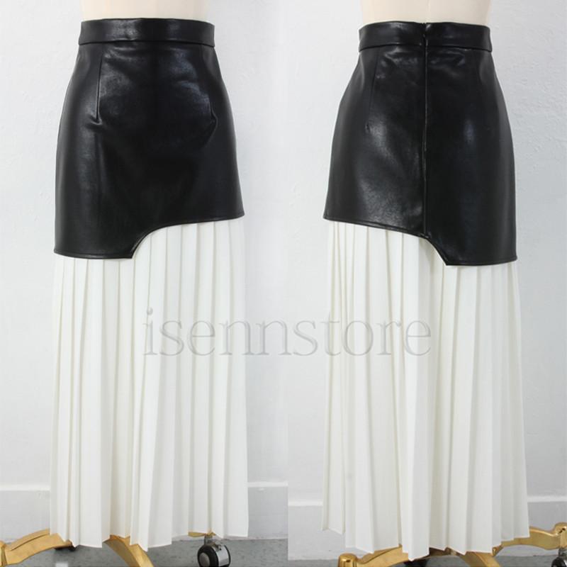 レザー切替え ロングスカート ホワイト 白 プリーツスカート
