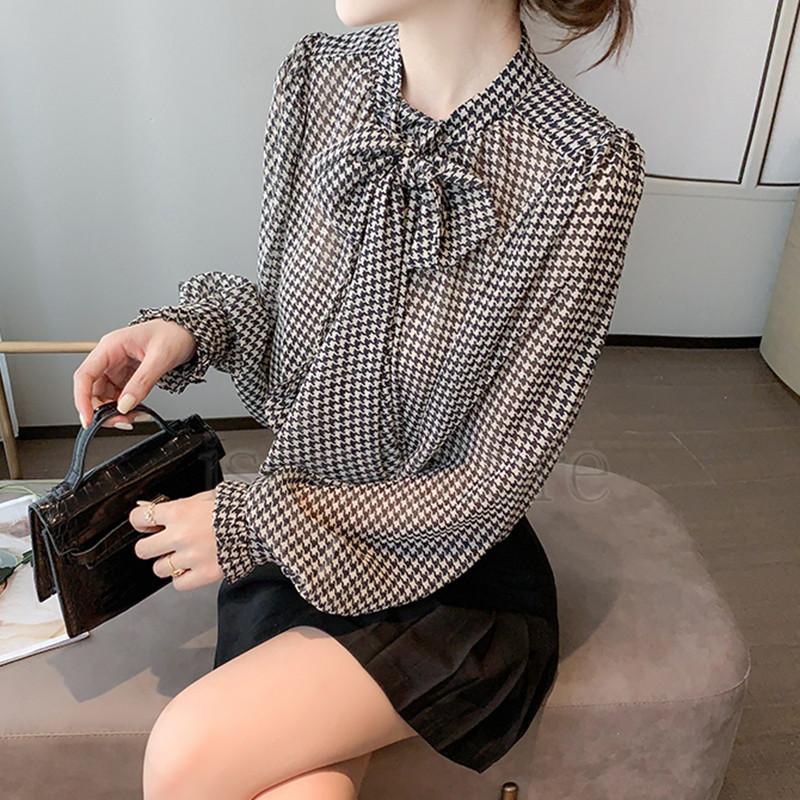 チェック柄リボン付きシフォンブラウス シフォン ブラウス 上品 トップス 長袖 グレンチェック リボン