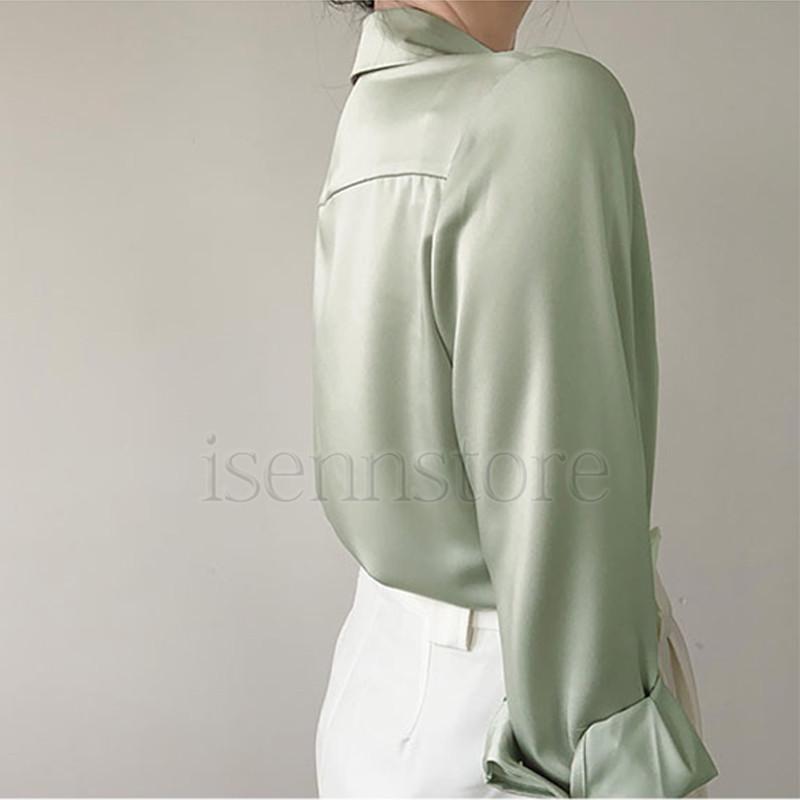 ブラウス サテン レディース Yシャツ 光沢 長袖 Vネック OL カジュアル