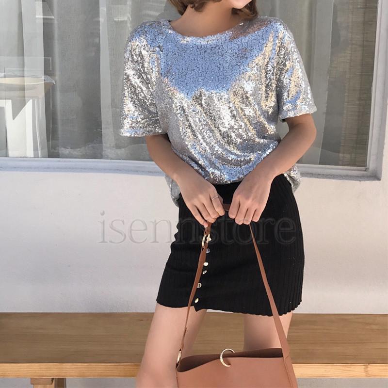 スパンコールシャツ 半袖 トップス きらきら レディース Tシャツ