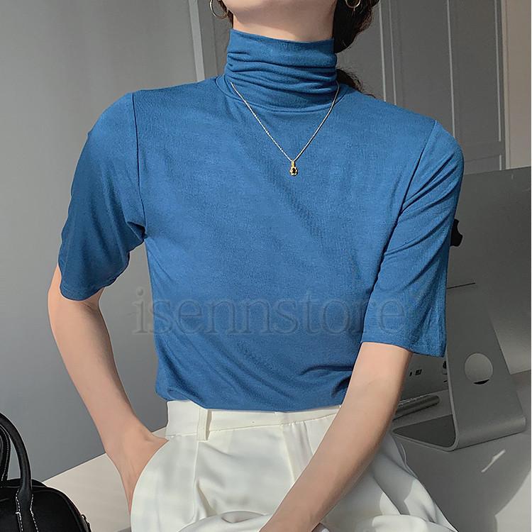 tシャツ レディース 春夏 半袖 タートルネック ハイネック 上品 無地