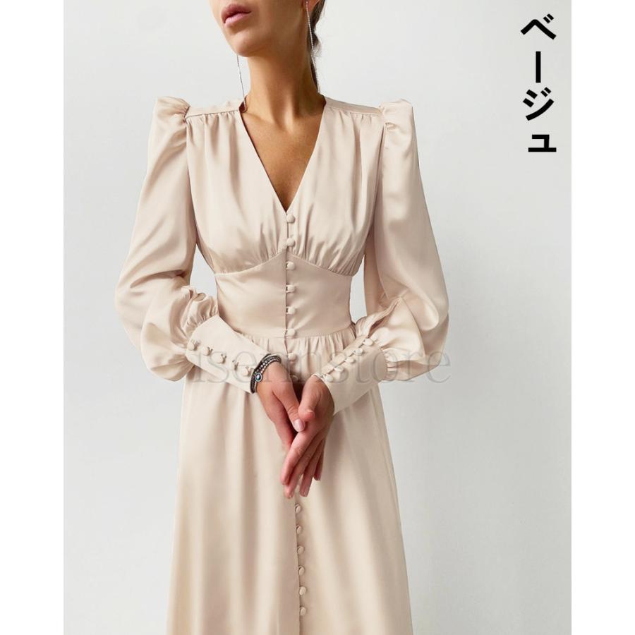 サテンワンピースVネック ロングドレス タック Aライン フレア