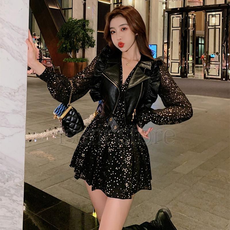 ワンピース レザーベスト セットアップ レディース 春 秋冬 花柄