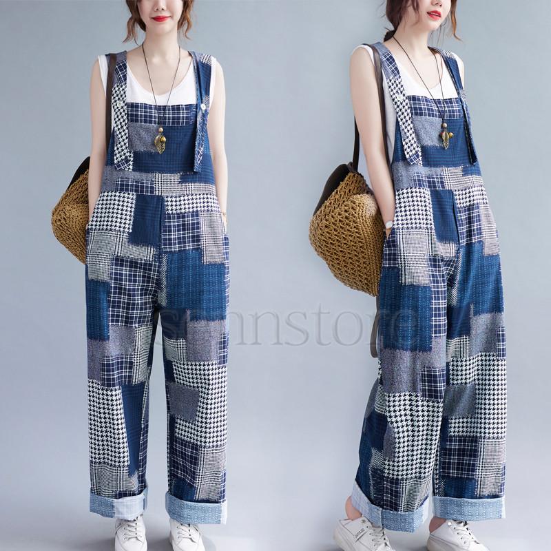 麻パンツ リネン風 ワイドサロペットパンツ つなぎ パッチワーク