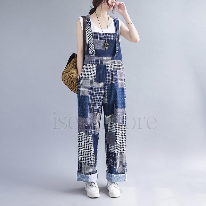 麻パンツ リネン風 ワイドサロペットパンツ つなぎ パッチワーク