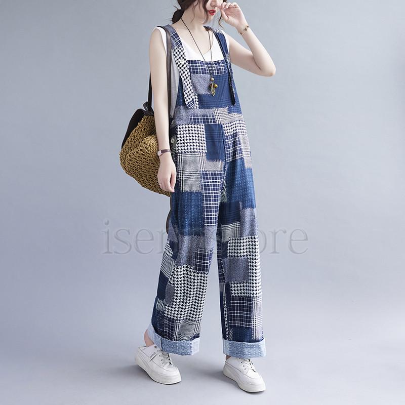 麻パンツ リネン風 ワイドサロペットパンツ つなぎ パッチワーク