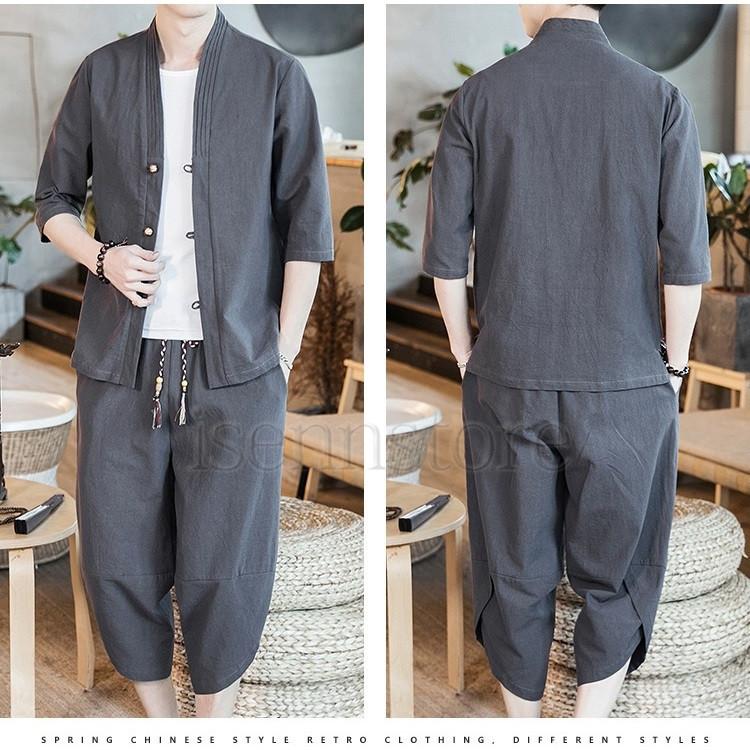 綿麻上下セット メンズ 五分袖 羽織りトップス サルエルパンツ 涼しい