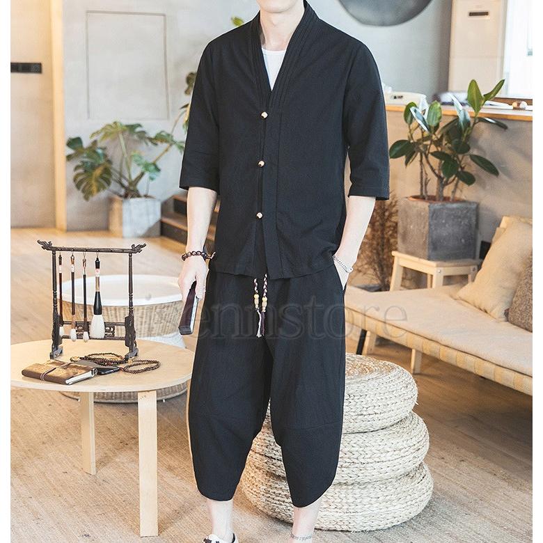 綿麻上下セット メンズ 五分袖 羽織りトップス サルエルパンツ 涼しい