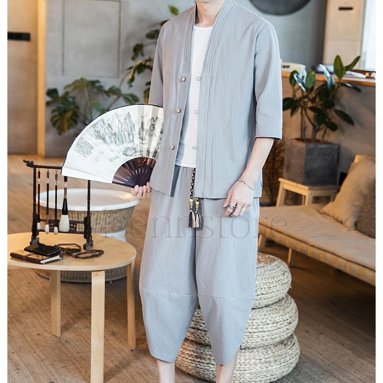 綿麻上下セット メンズ 五分袖 羽織りトップス サルエルパンツ 涼しい