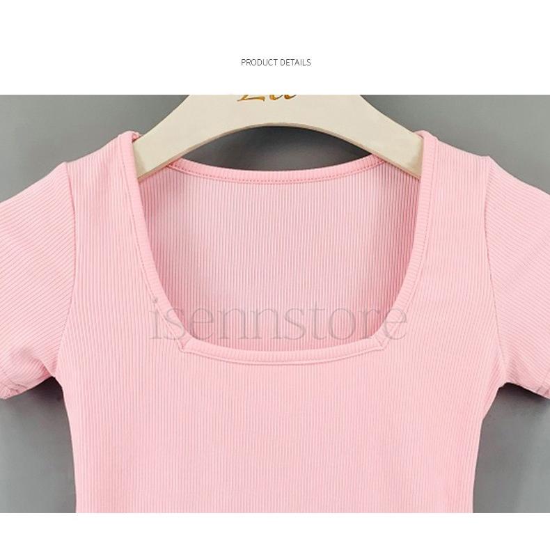 UネックTシャツ トップス レディース リブニット半袖tシャツ 無地 薄手