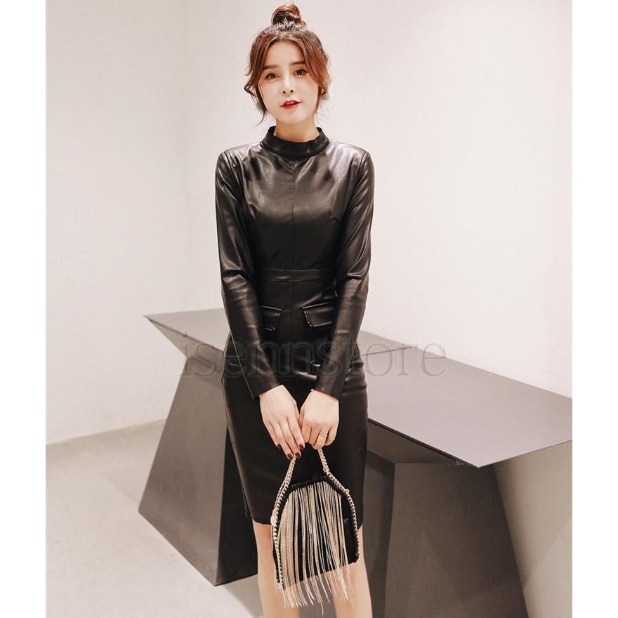 レザーワンピース PUワンピース 立襟 長袖 タイトワンピース