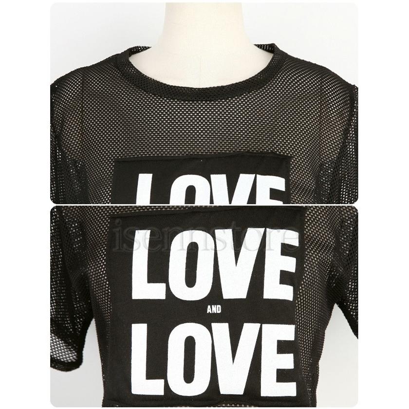 ヒップホップ ダンス衣装 Tシャツ トップス メッシュ へそ出し 黒ロゴ