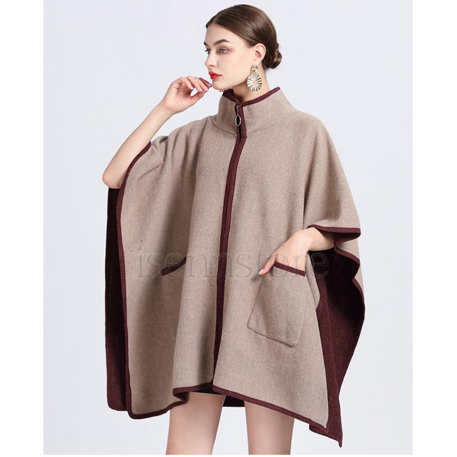 スタンドカラーポンチョ レディース 秋冬 トップス 羽織 ジップアップ