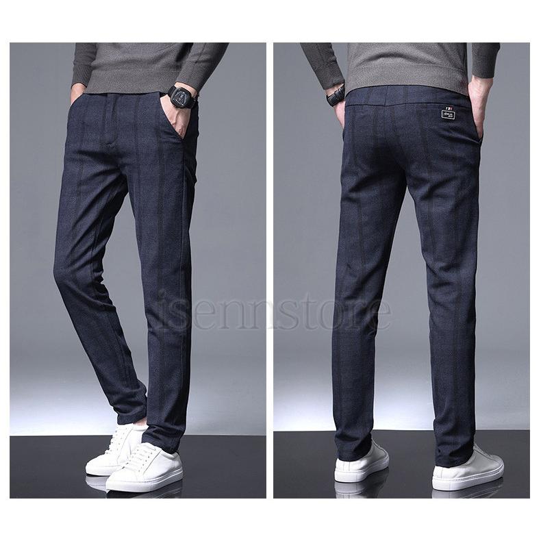 ビジネス ノータック スラックス メンズ ズボン チェック 秋冬パンツ